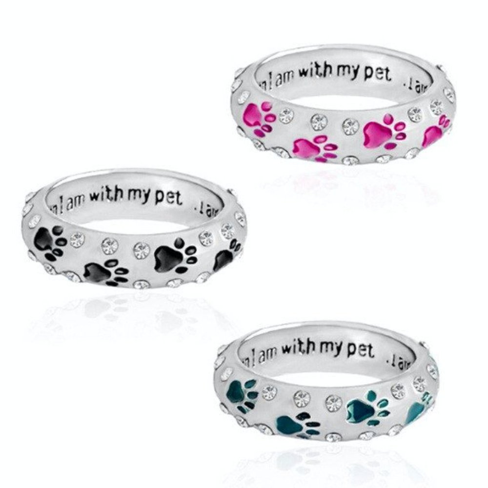 New Paw print and rhinestone ring, sz 6 (teal blue one)